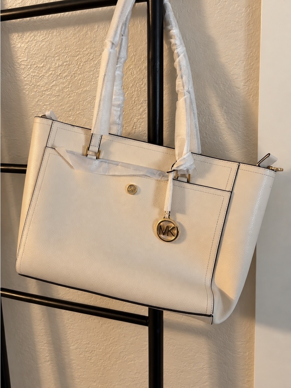 Michael Kors Cream Leather Tote with Gold MK Charm
